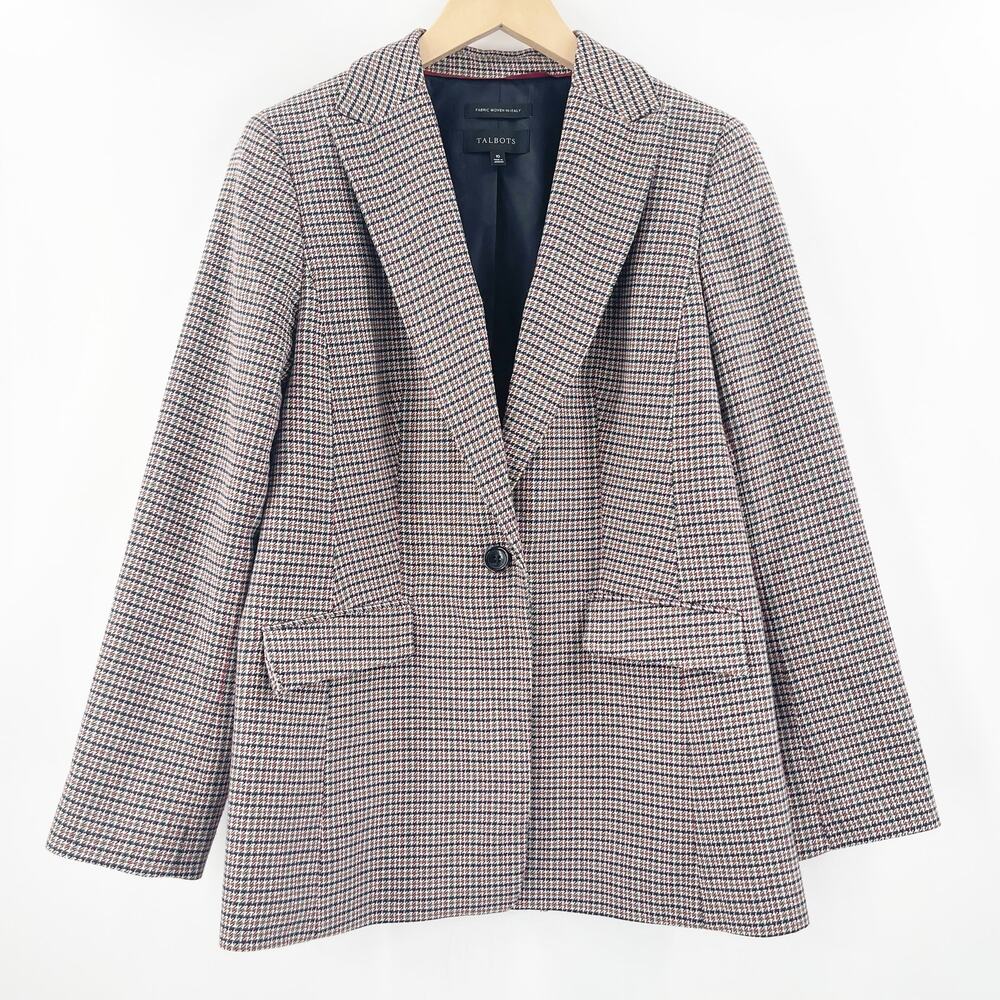TALBOTS Blazer Jacket Size 10 Fabric Wool Blend Woven In Italy Houndstooth Work
